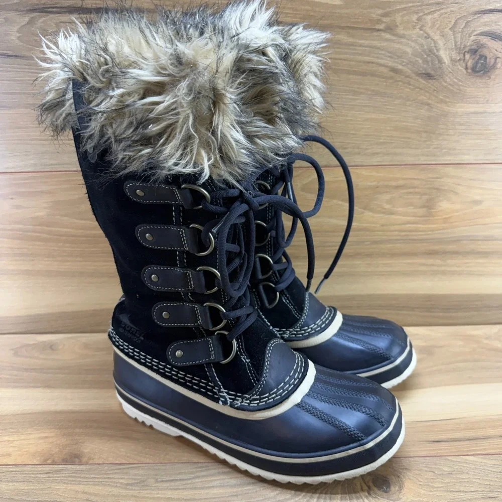 Sorel Joan Of Arctic Waterproof Snow Boots 7 Black Suede Faux Fur Tall Gorpcore